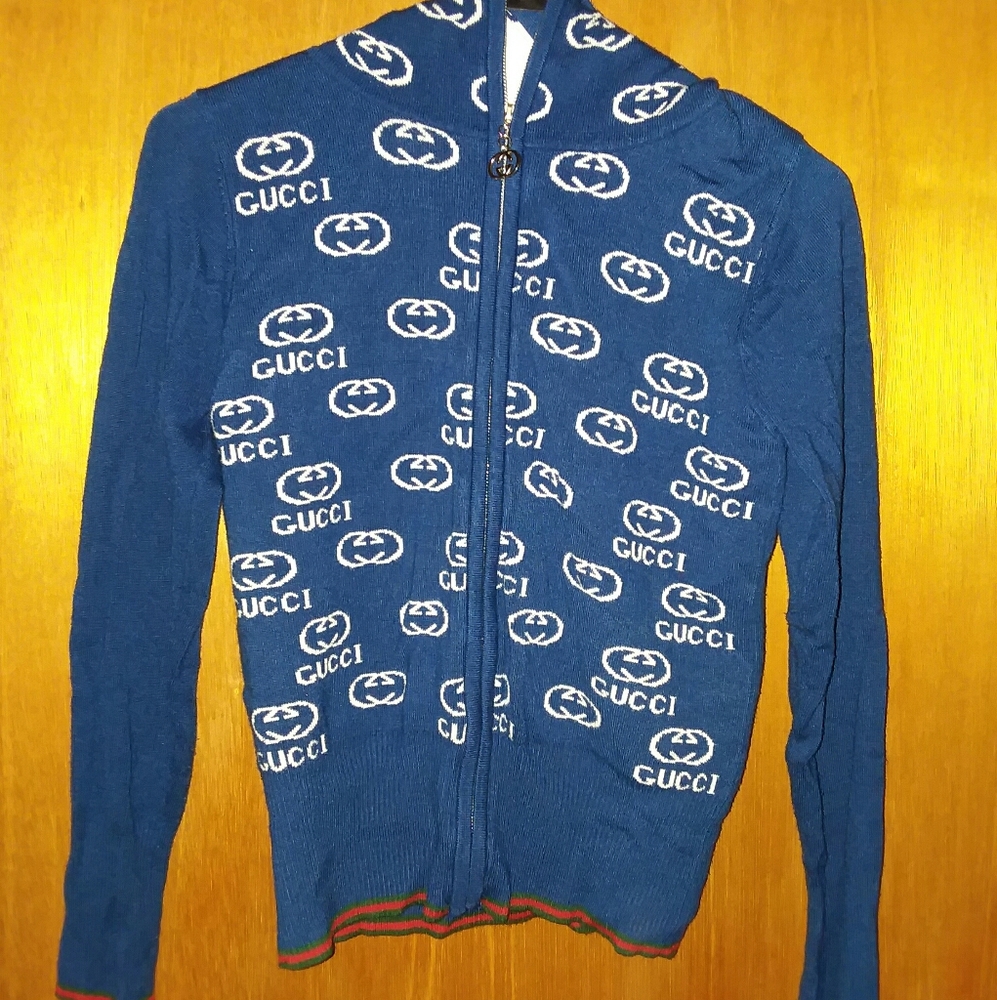 Gucci Womens Small Knit  Blue Hooded Jacket
